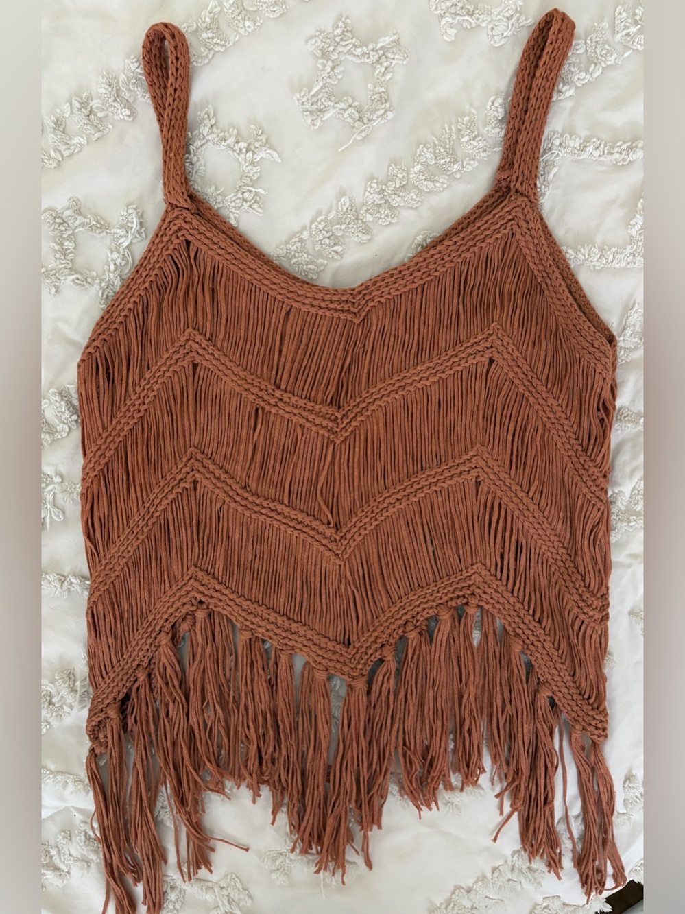Copper Rust Tank Top Hand Woven Fringe Hem Crochet Zig Zag Weave and Hem Sz M - Picture 3 of 8